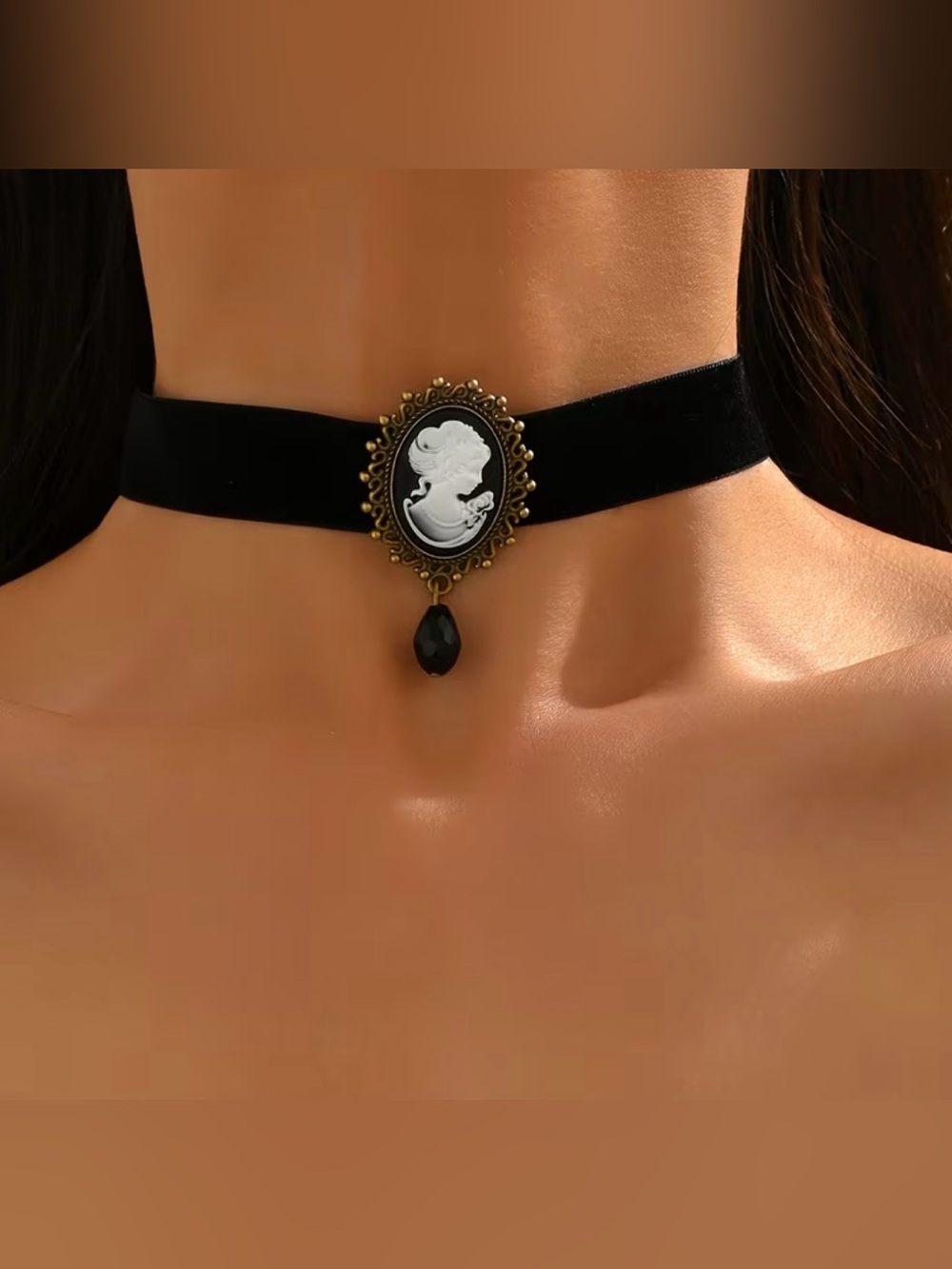 Vintage-Inspired Black Cameo Velvet Choker Necklace